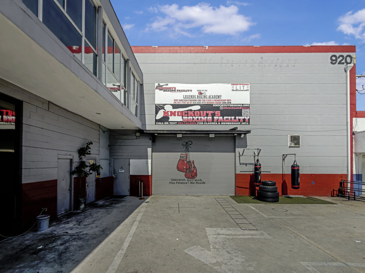 Knockouts Boxing Facility entrance and sign at 9201 California Avenue, South Gate