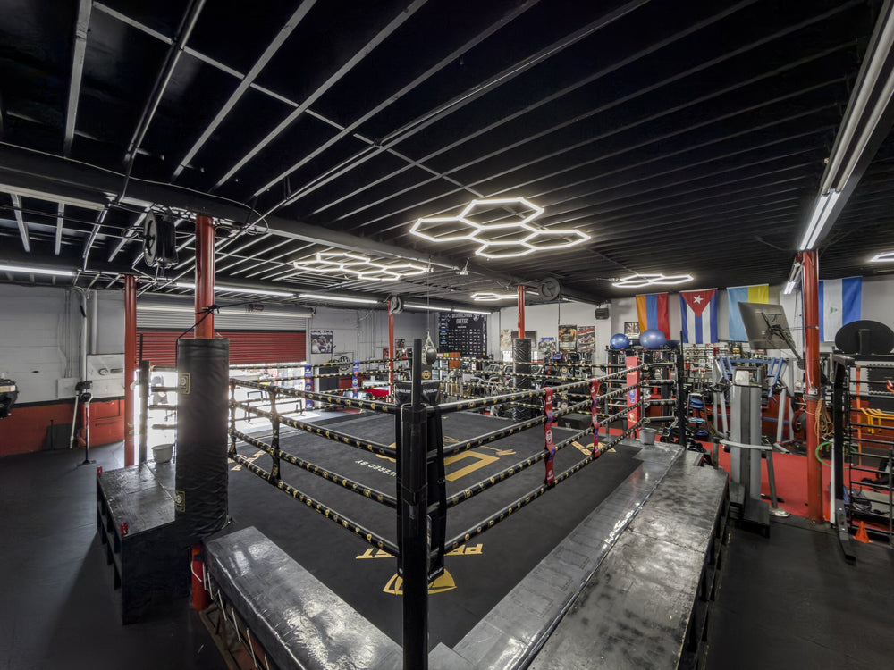 Corner view of the boxing ring beneath hexagonal ceiling lights