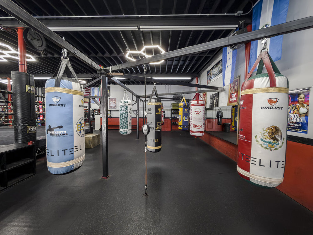 White heavy bags and double-end bags beneath the gym lights